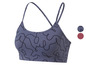 Een donkerblauwe sportbeha met een abstract patroon.