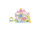 Speelgoedkasteel speelset met glijbaan, schommel, piano, tafel, stoelen en dierenfiguur