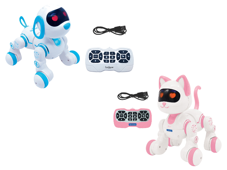 LEXIBOOK robot puppy en katje met afstandsbedieningen en oplaadkabels.