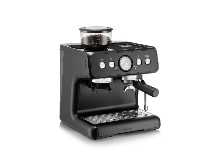 Zwart Bodum espressomachine met ingebouwde molen en manometer.