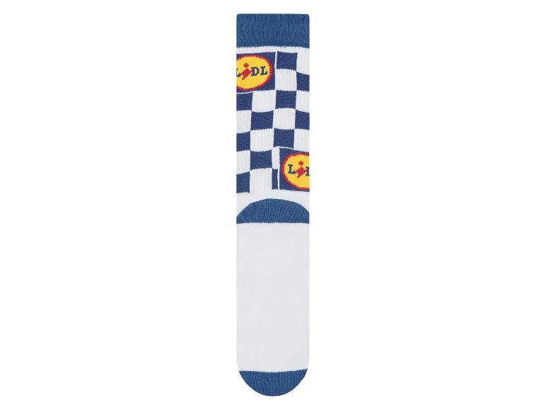 Witte en blauwe geruite sokken met LIDL logo.