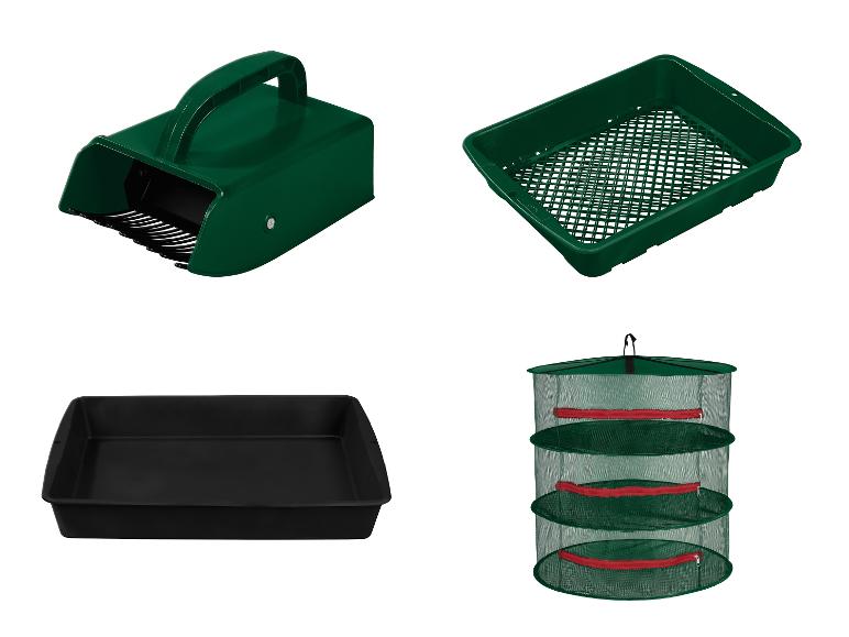 Oogstbak, zeef, bak en drielaags droogrek voor tuinieren.