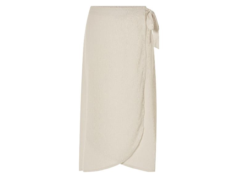 Een beige, lange wikkelrok met een strik.