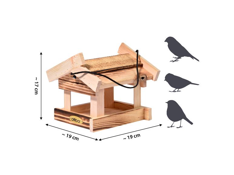 Houten vogelvoederhuisje van 17x19x19 cm met drie vogelsilhouetten.