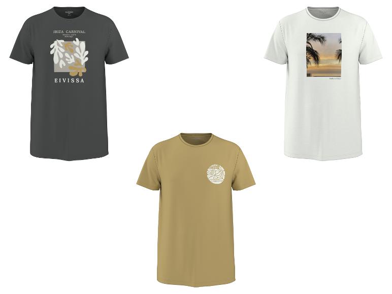 Drie heren T-shirts: donkergrijs met 'Ibiza Carnival', beige met 'Summer Wave' en wit met 'Golden Hour'.