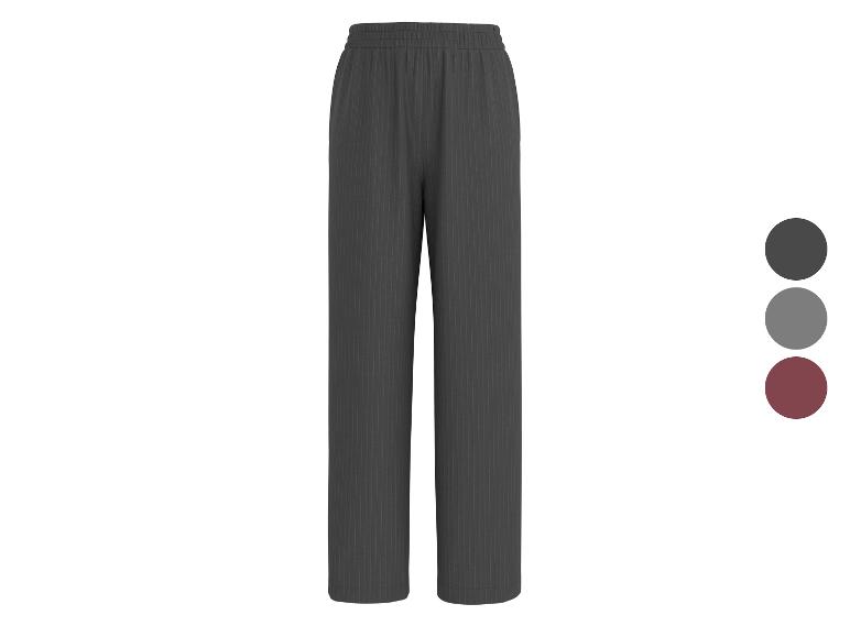 Donkergrijze gestreepte broek met wijde pijpen en elastische taille, getoond met kleuropties.