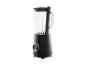 Zwarte blender met glazen kan en zilveren bedieningsknop.