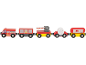Houten speelgoed brandweertrein met brandweerwagen, goederenwagon, slagboom, slang en tankwagen.