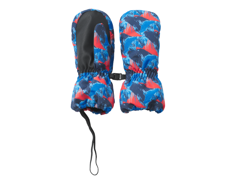 Kinderwinterwanten met blauw-rood abstract patroon en zwarte grip.