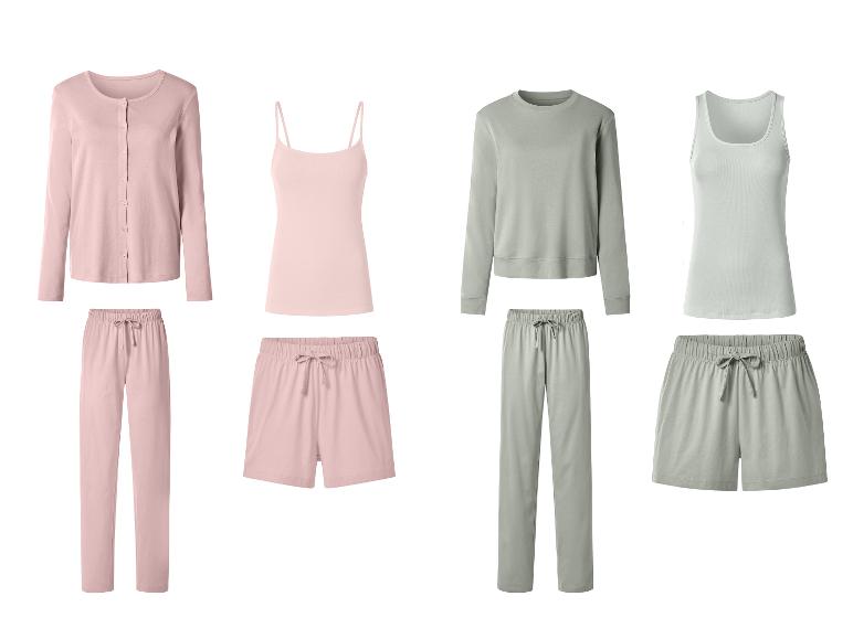 Roze en groene loungewear sets met vesten, hemdjes, sweatshirts, broeken en shorts.