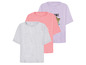 Drie T-shirts: grijs, roze en lila met pailletten.