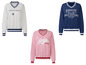 Drie v-hals sweaters met Varsity, Athletics en Game, Set, Match designs.