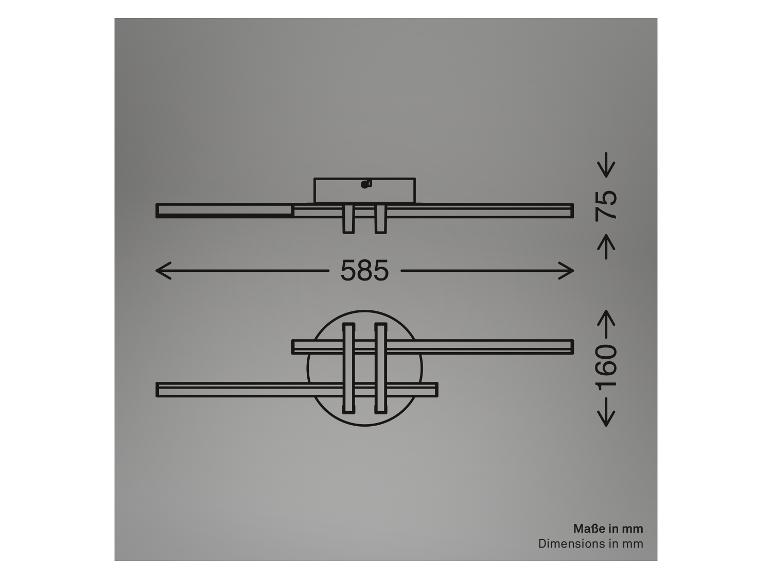 Technische tekening van een lamp met afmetingen: 585x160x75 mm.