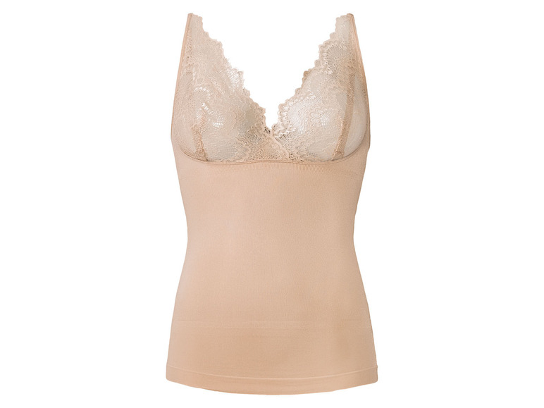 Een beige top met ingebouwde bh en kantdetails.