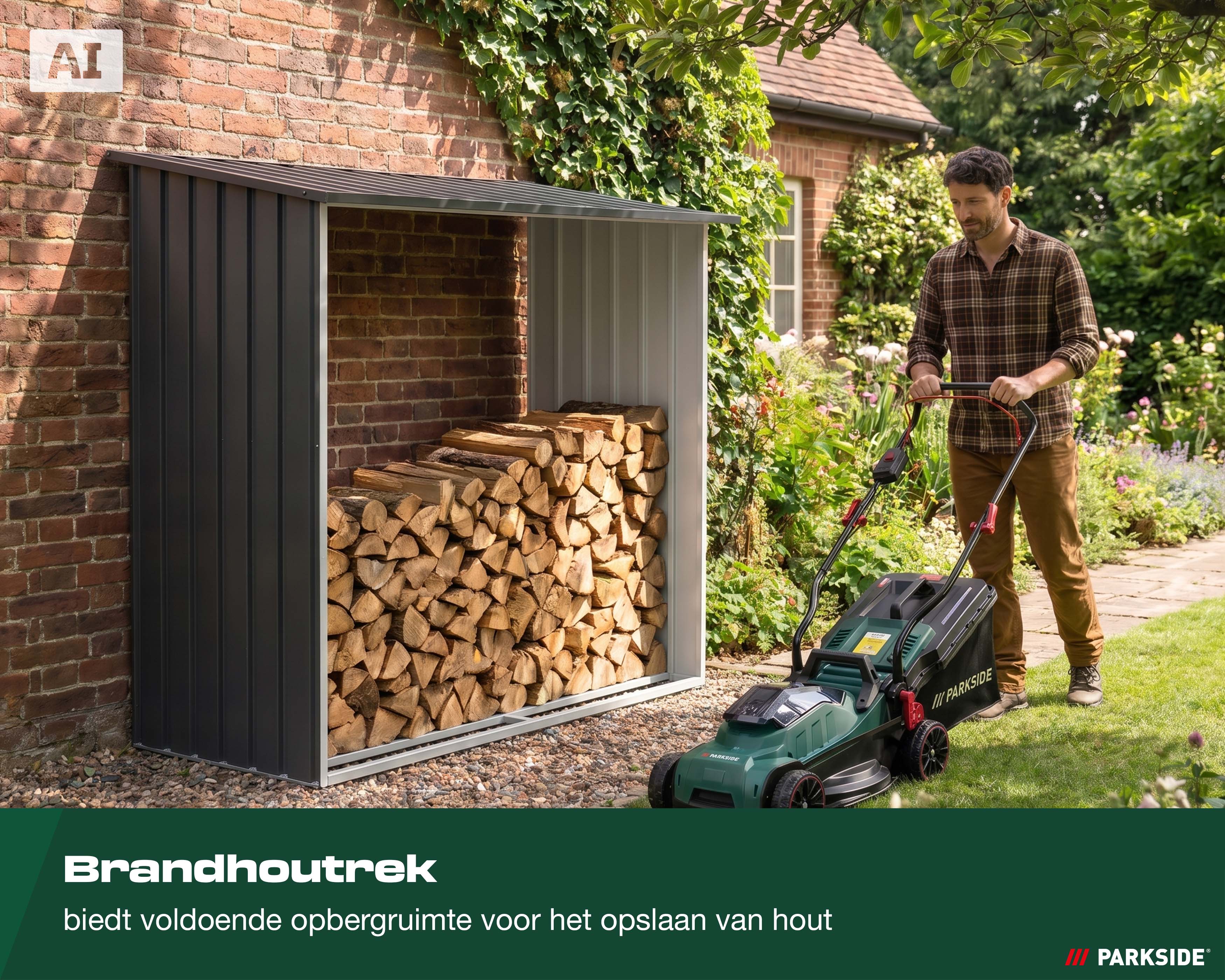 Parkside brandhoutrek tegen een bakstenen muur, gevuld met haardhout, Rechts maait een man het gras met een Parkside grasmaaier. Onderaan de tekst: Brandhoutrek biedt voldoende opbergruimte voor het opslaan van hout