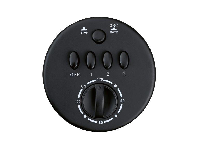 Zwart ventilatorbedieningspaneel met knoppen voor snelheid, oscillatie en een timerknop.