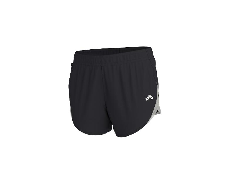 Zwarte sportshorts met grijze panelen en wit logo.