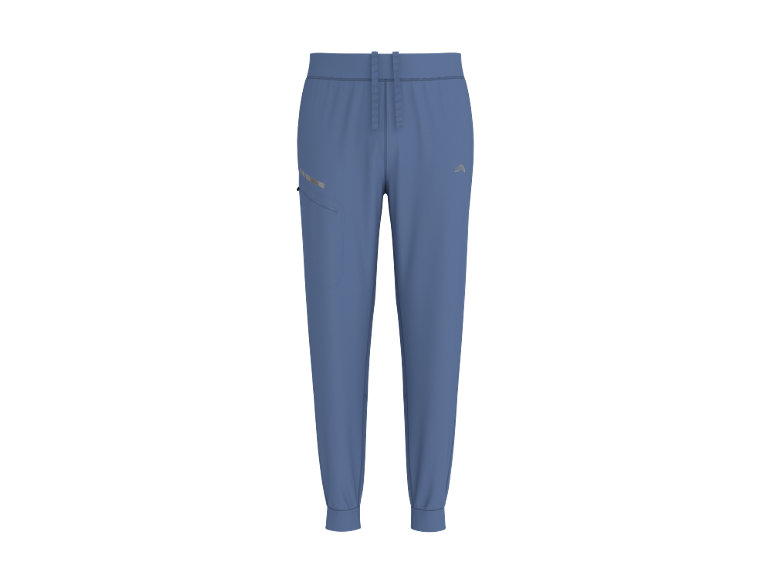 Blauwe heren joggingbroek met trekkoord en zakken.