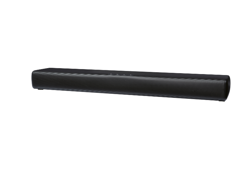 Zwarte soundbar met geperforeerd rooster en bedieningsknoppen bovenaan
