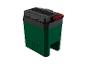 Donkergroene opbergbox met zwarte deksel en rode handgreep.