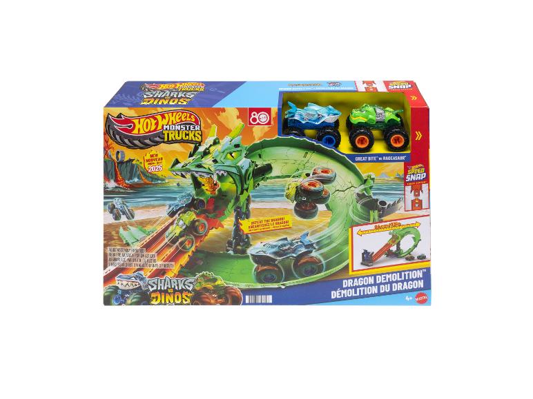 Monster truck speelset met een draak, twee monster trucks en een railsysteem.