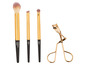 Een set met drie gouden make-up kwasten en een wimperkrultang van Livarno.