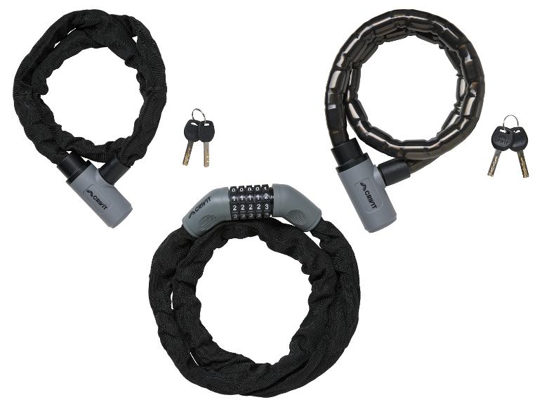 Drie Crivit fietskettingloten: twee met sleutels, één met cijferslot.