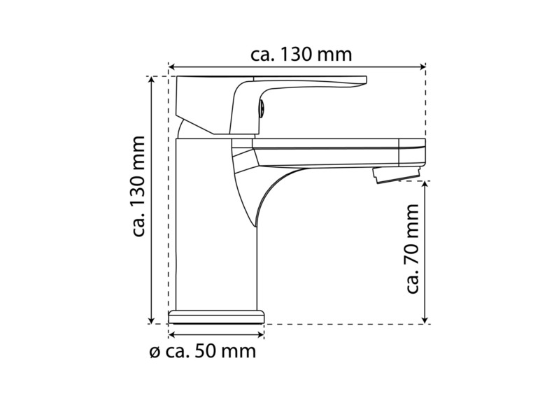Een schematische tekening van een wastafelkraan met de afmetingen.