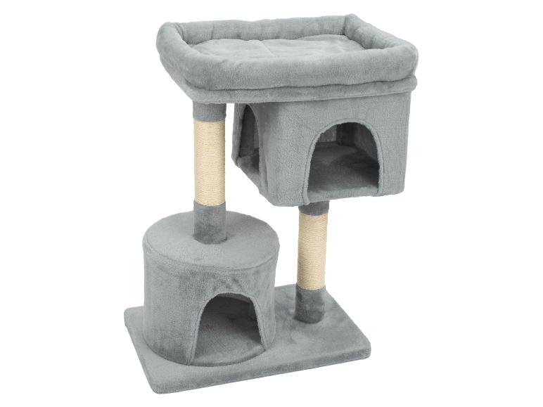 Grijze kattenkrabpaal met twee verdiepingen en krabpalen