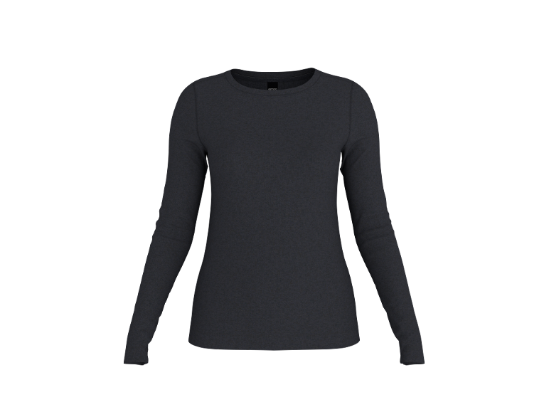 Donkergrijs dames shirt met lange mouwen op een zwarte achtergrond.