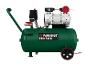 Groene Parkside PSKO 248 B1 compressor met zwarte wielen en handvat.
