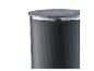 Grijze container met geribbelde textuur en een transparant deksel met metalen ring.