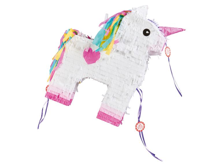 Roze en witte eenhoorn piñata voor een feestje.