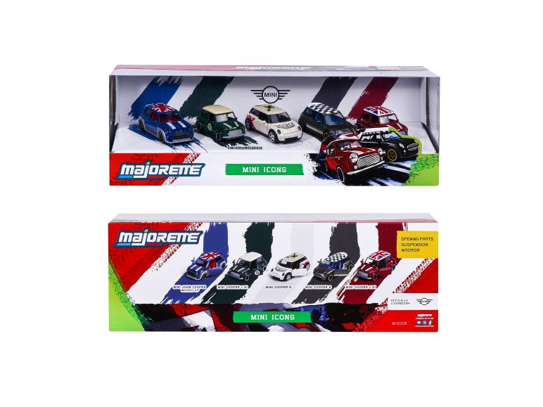 Set van zes miniatuur speelgoedauto's, met diverse modellen met Britse vlag en race-ontwerpen.