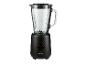 Zwarte blender met glazen kan, voorzien van een draaiknop met snelheidsinstellingen van 0 tot 5 en een pulsfunctie.