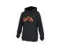 Zwarte hoodie met een abstract oranje patroon op de voorkant