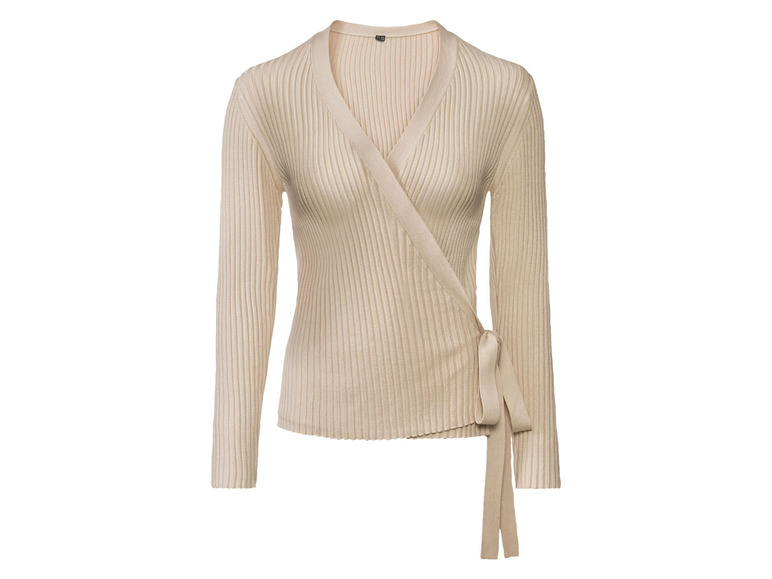 Beige gebreide trui met lange mouwen en een wikkeldetail.