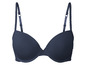 Een donkerblauwe bh met gladde cups en verstelbare bandjes.