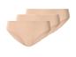 Set van drie naadloze beige damesonderbroeken, diagonaal gerangschikt.