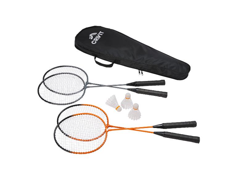 Crivit badmintonset met twee grijze rackets, twee oranje rackets, shuttles en draagtas.