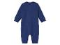 Een donkerblauwe baby romper met lange mouwen.