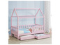 Een roze houten kinderbed met een huisvormig frame en twee laden.