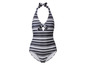 Een zwart-wit gestreept badpak met halternek.