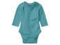 Een turquoise baby romper met lange mouwen van het merk Nollu.