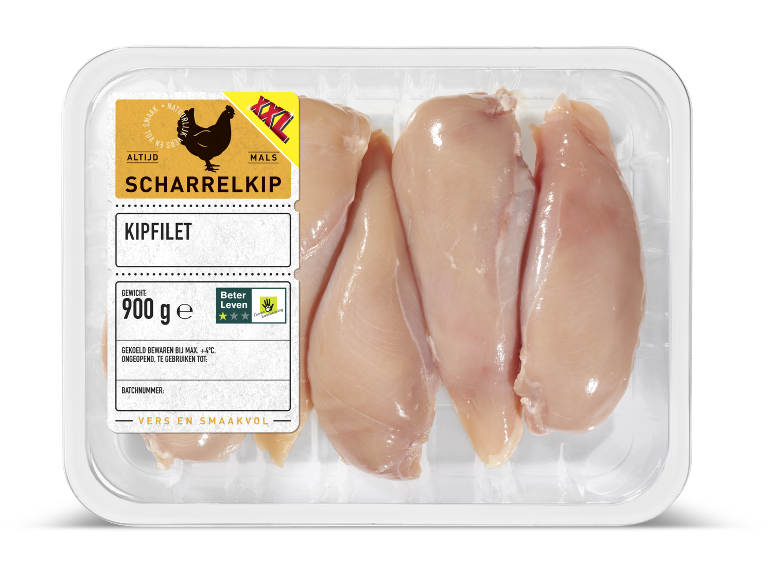 Verpakking scharrelkipfilet van 900g.