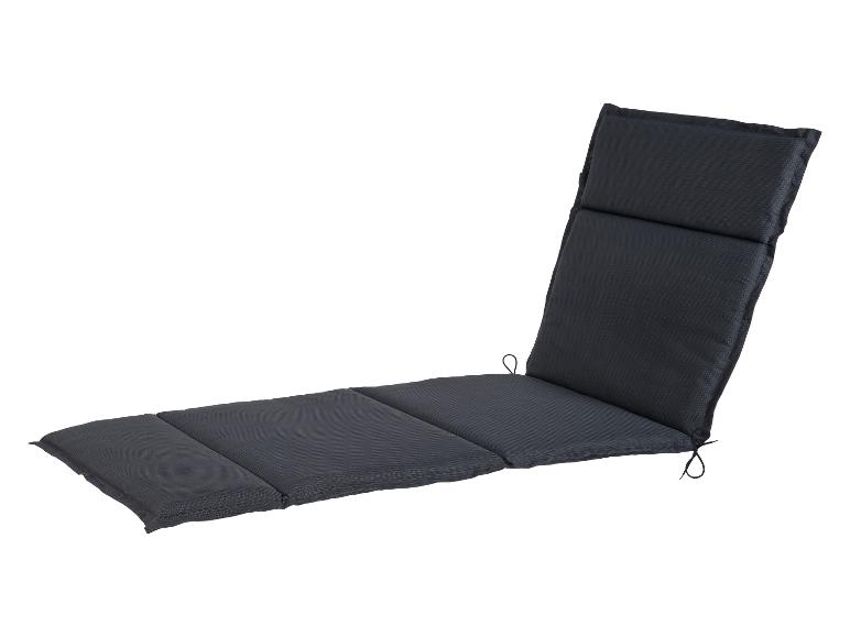 Donkergrijs ligbedkussen met secties en strikbanden.