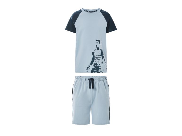 Lichtblauwe tweedelige herenpyjama met T-shirt met korte mouwen en shorts met trekkoord.