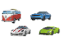 RAVENSBURGER 3D-voertuigpuzzels met een VW-bus, Dodge Challenger, Porsche en Lamborghini.