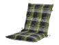 Een groene en grijze geruite stoelkussen.