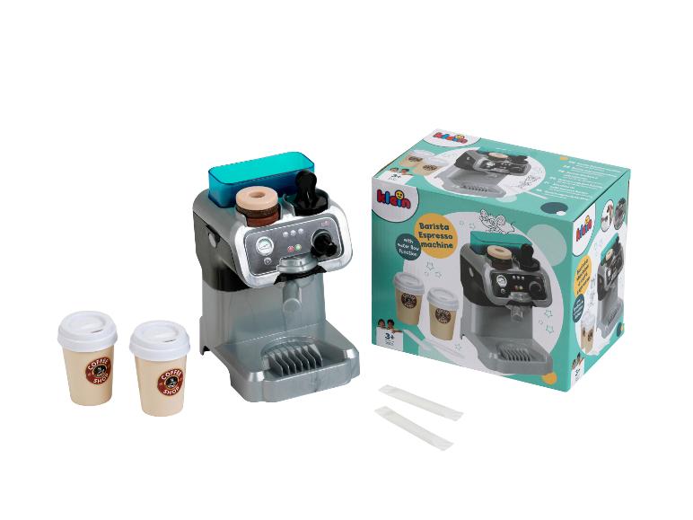 Klein Barista Espresso speelgoedkoffiezetapparaat met accessoires en doos.